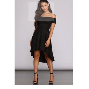 Glittery black high and low off the shoulder dress